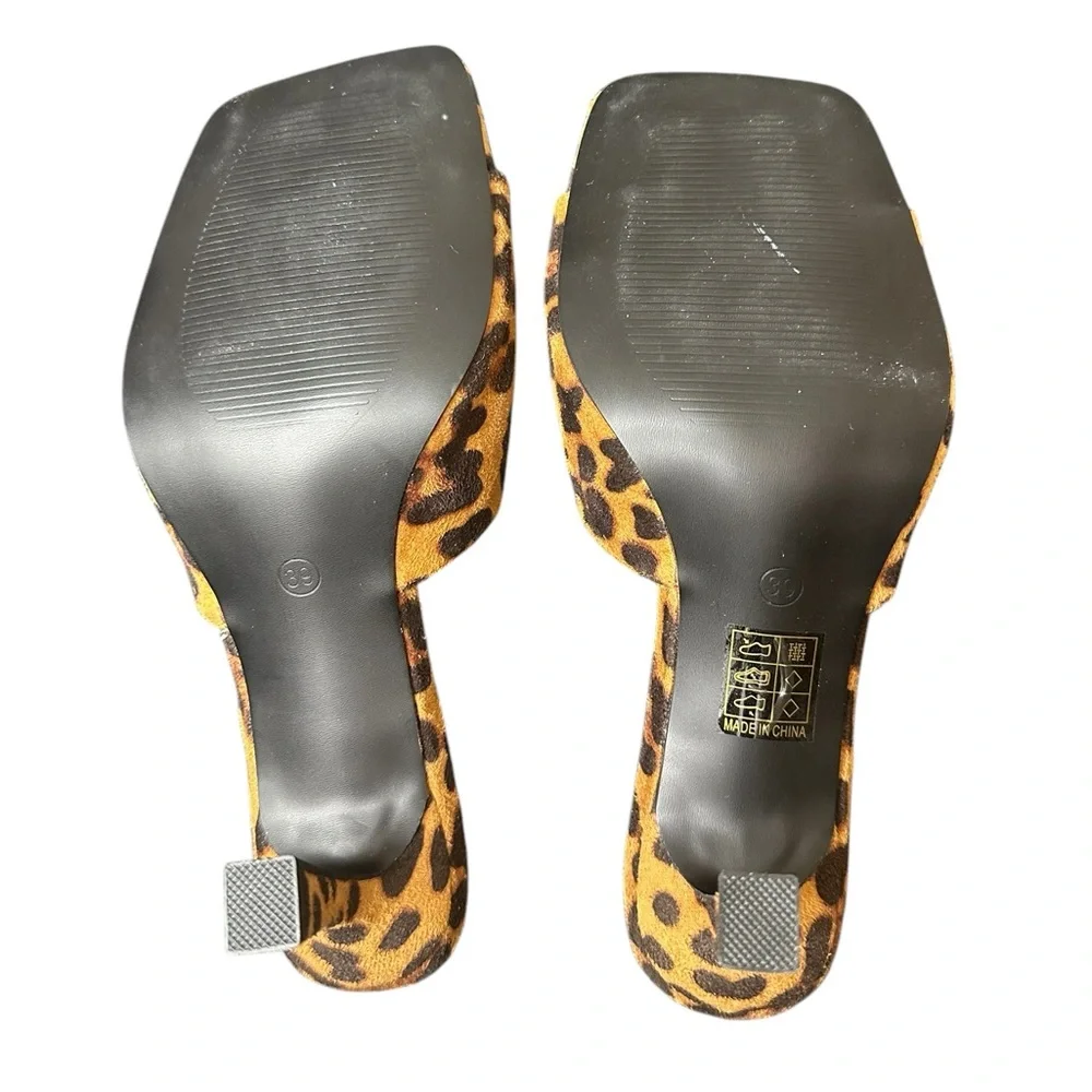 Leopard Print Square Toe Slip on Heels - Picture 2 of 7
